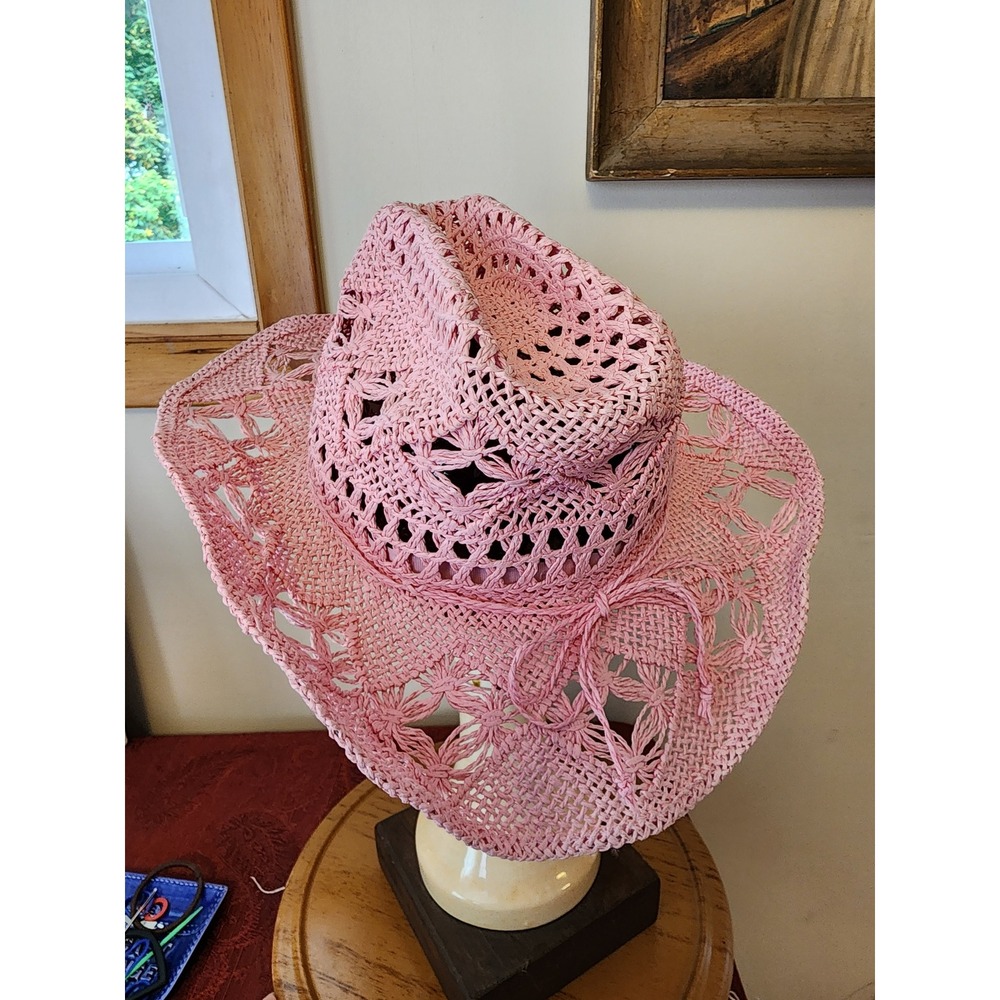 Pink Crochet Straw Cowboy Hat Festival Rodeo Western Sun Hat Wide Brim Cowgirl